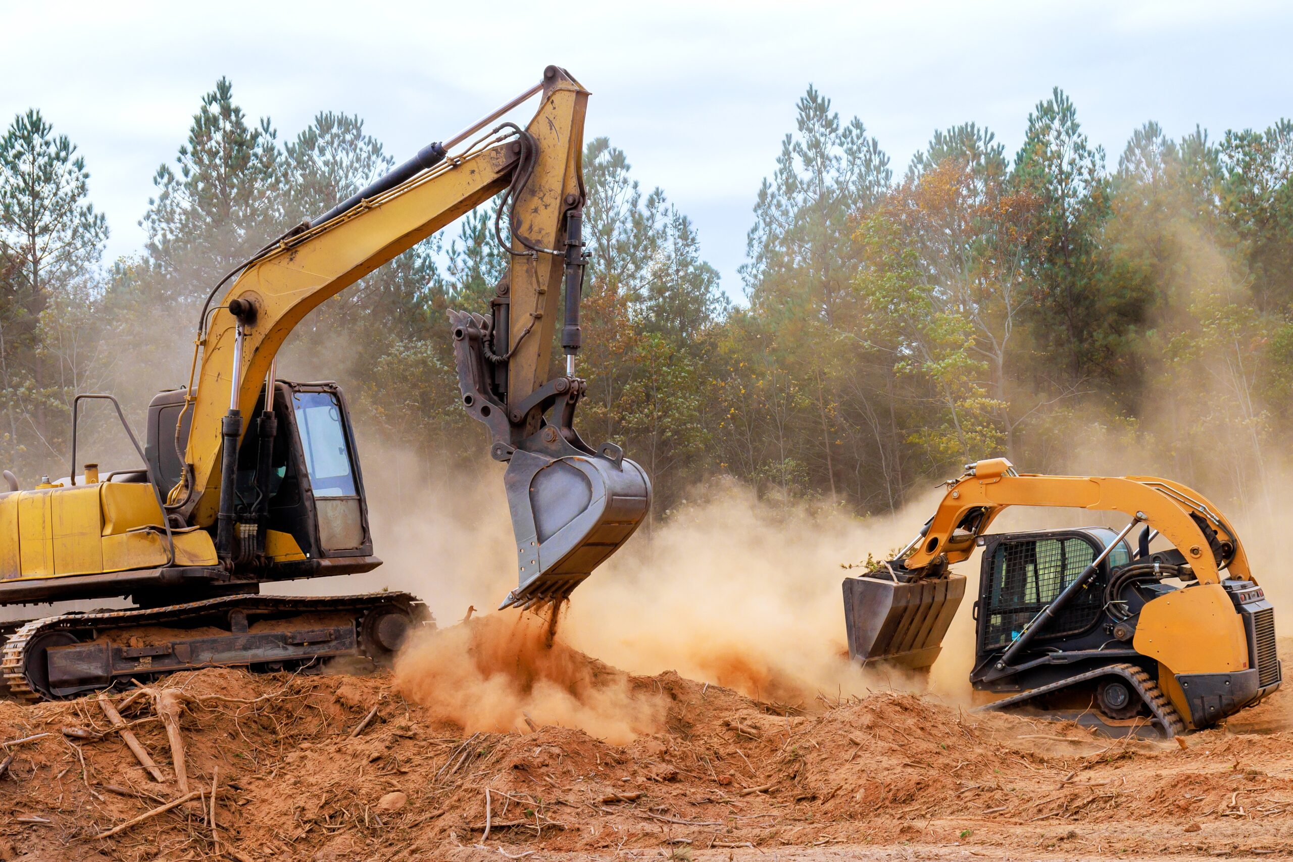 Bulldozer,Excavator,Heavy,Machinery,Work,Together,To,Clear,Excavate,Land